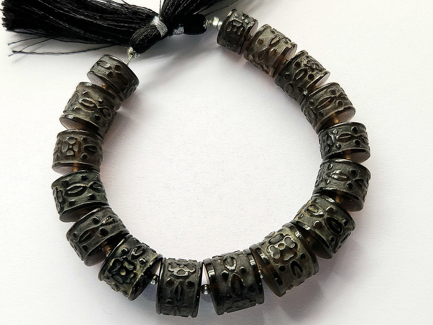 Rare! Natural Smoky Quartz Cameo Frost Carved Barrel Drum Shape Beads