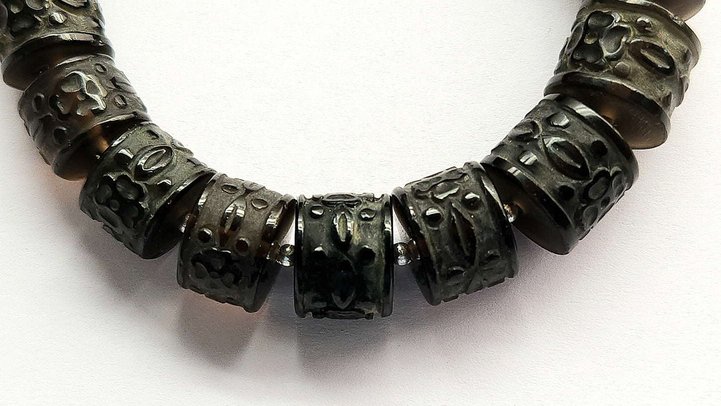 Rare! Natural Smoky Quartz Cameo Frost Carved Barrel Drum Shape Beads