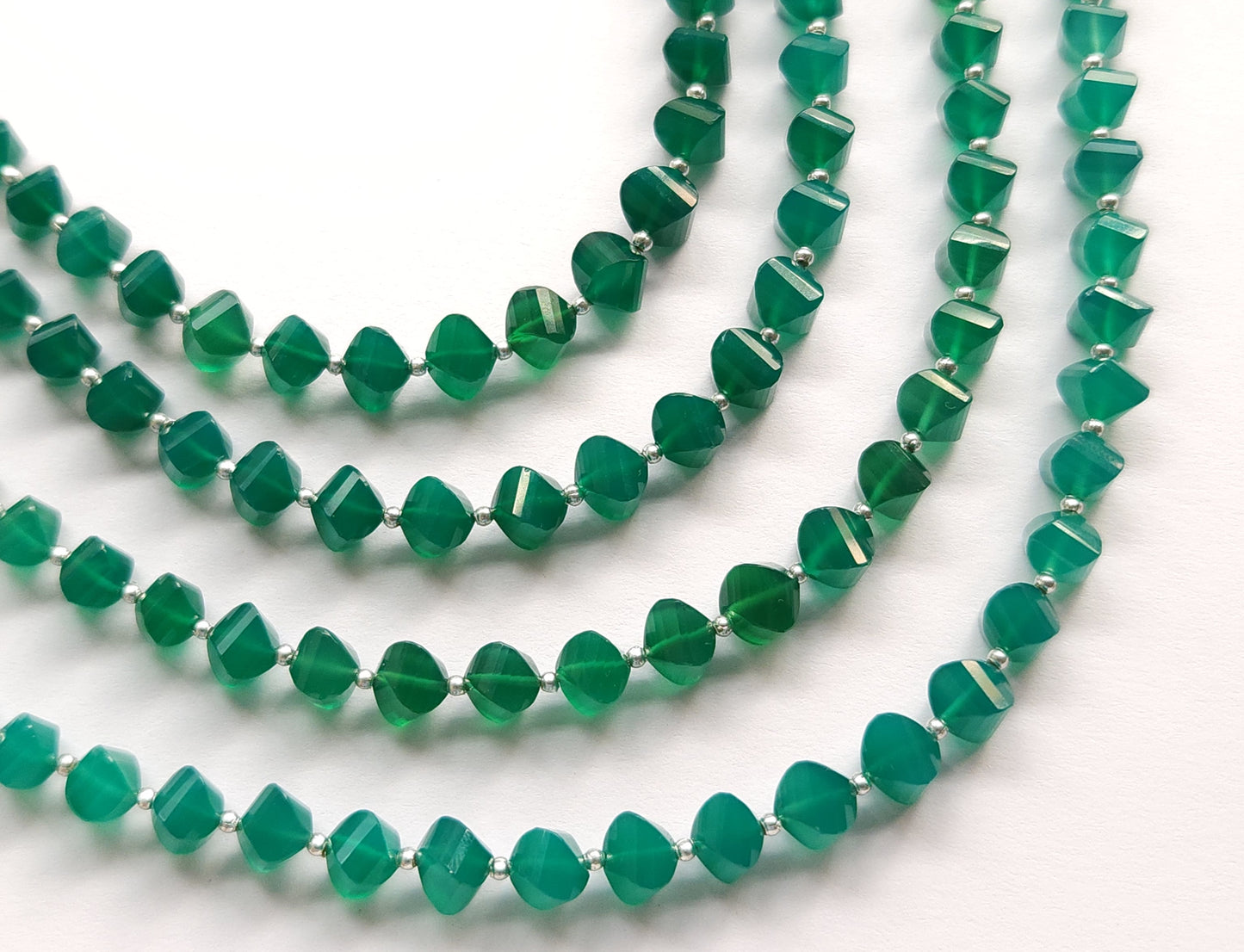 Natural Green Onyx Twisted Spiral Shape Faceted Beads
