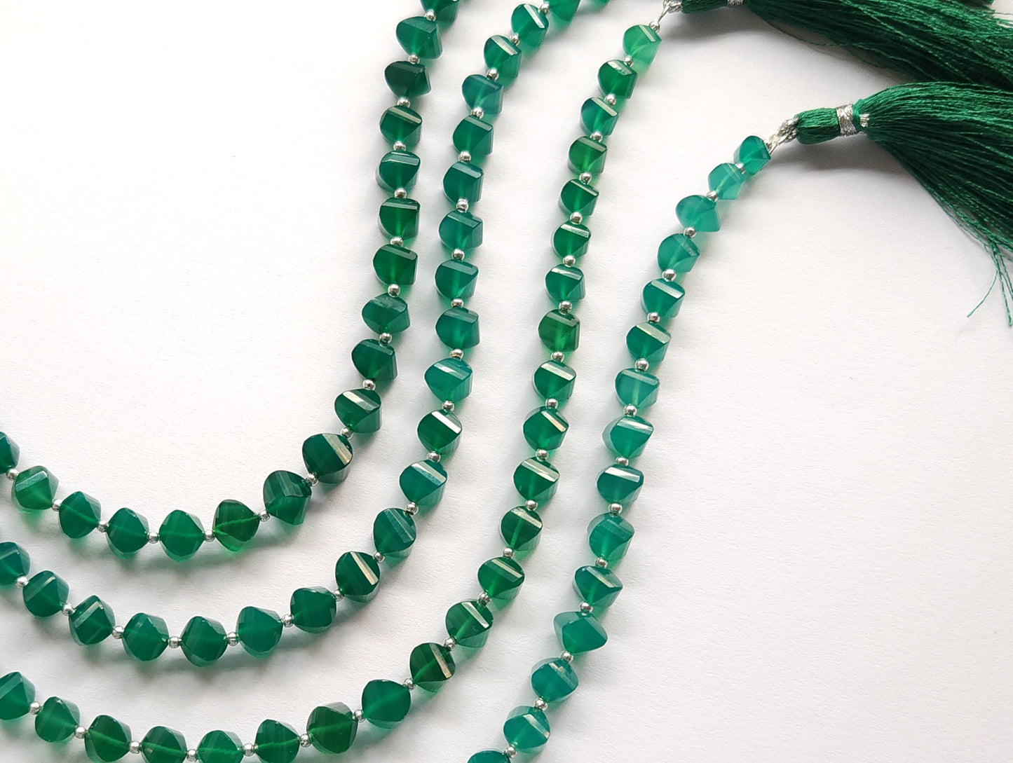 Natural Green Onyx Twisted Spiral Shape Faceted Beads