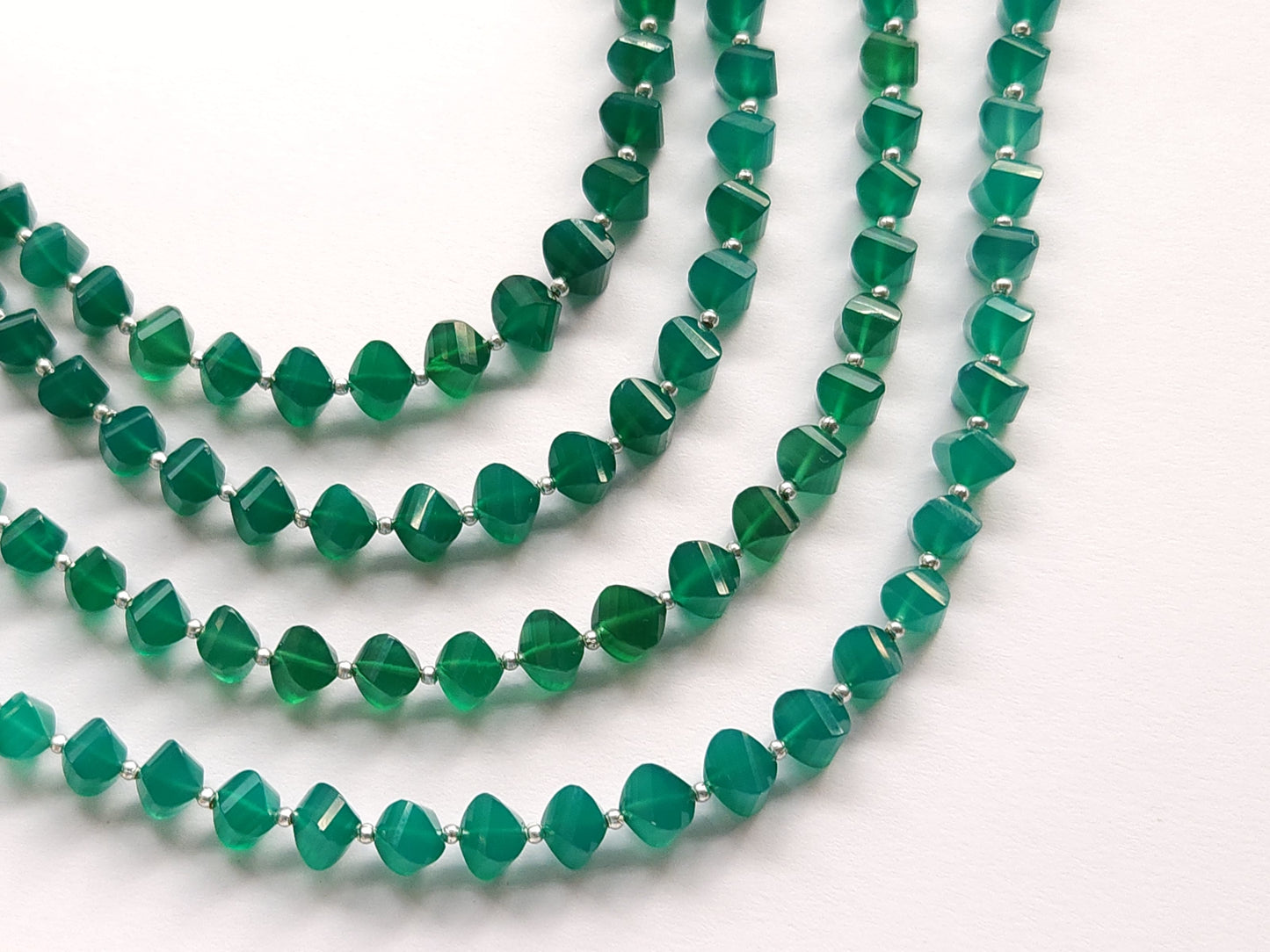 Natural Green Onyx Twisted Spiral Shape Faceted Beads