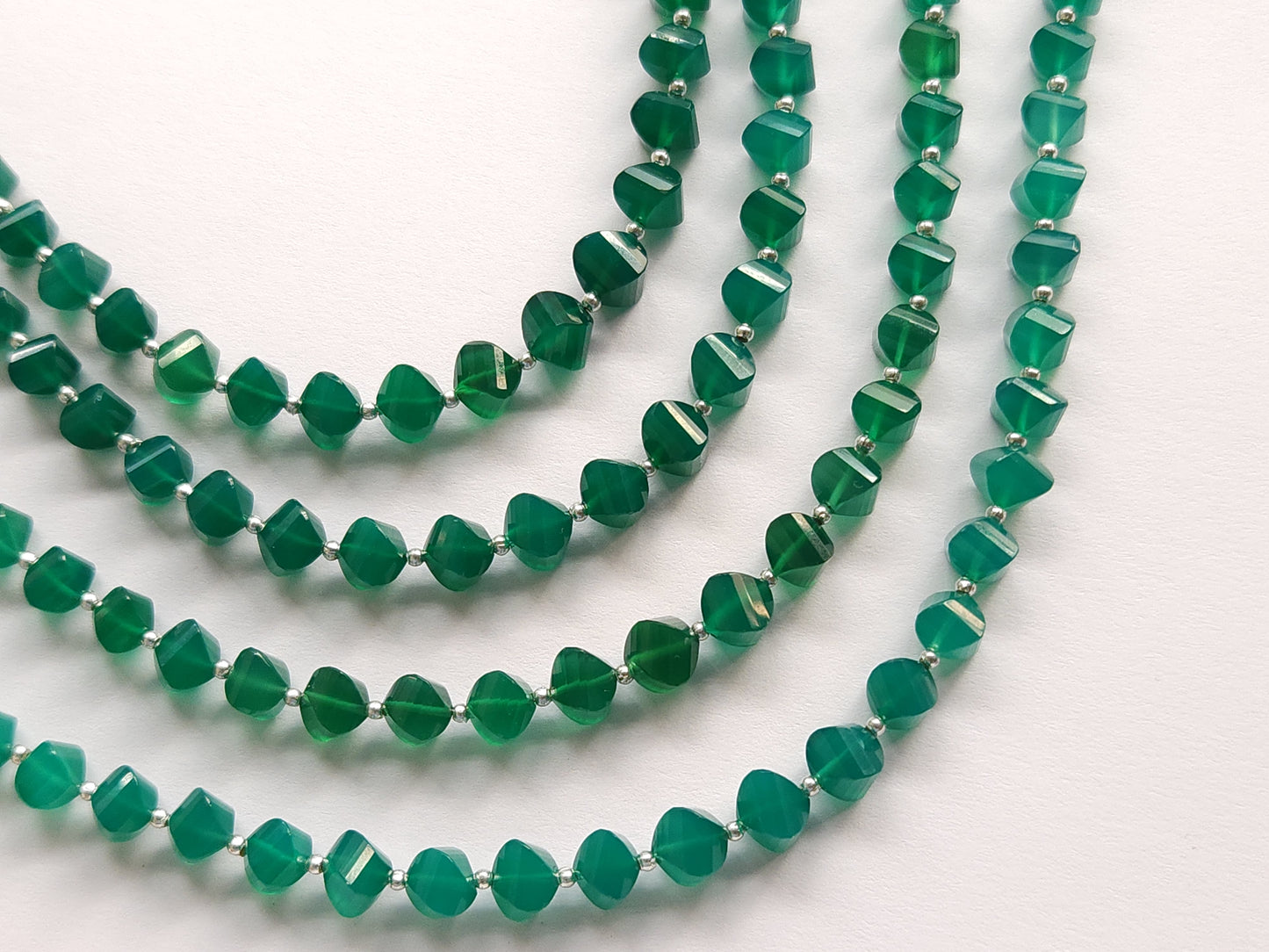 Natural Green Onyx Twisted Spiral Shape Faceted Beads