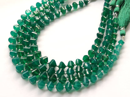 Natural Green Onyx Twisted Spiral Shape Faceted Beads