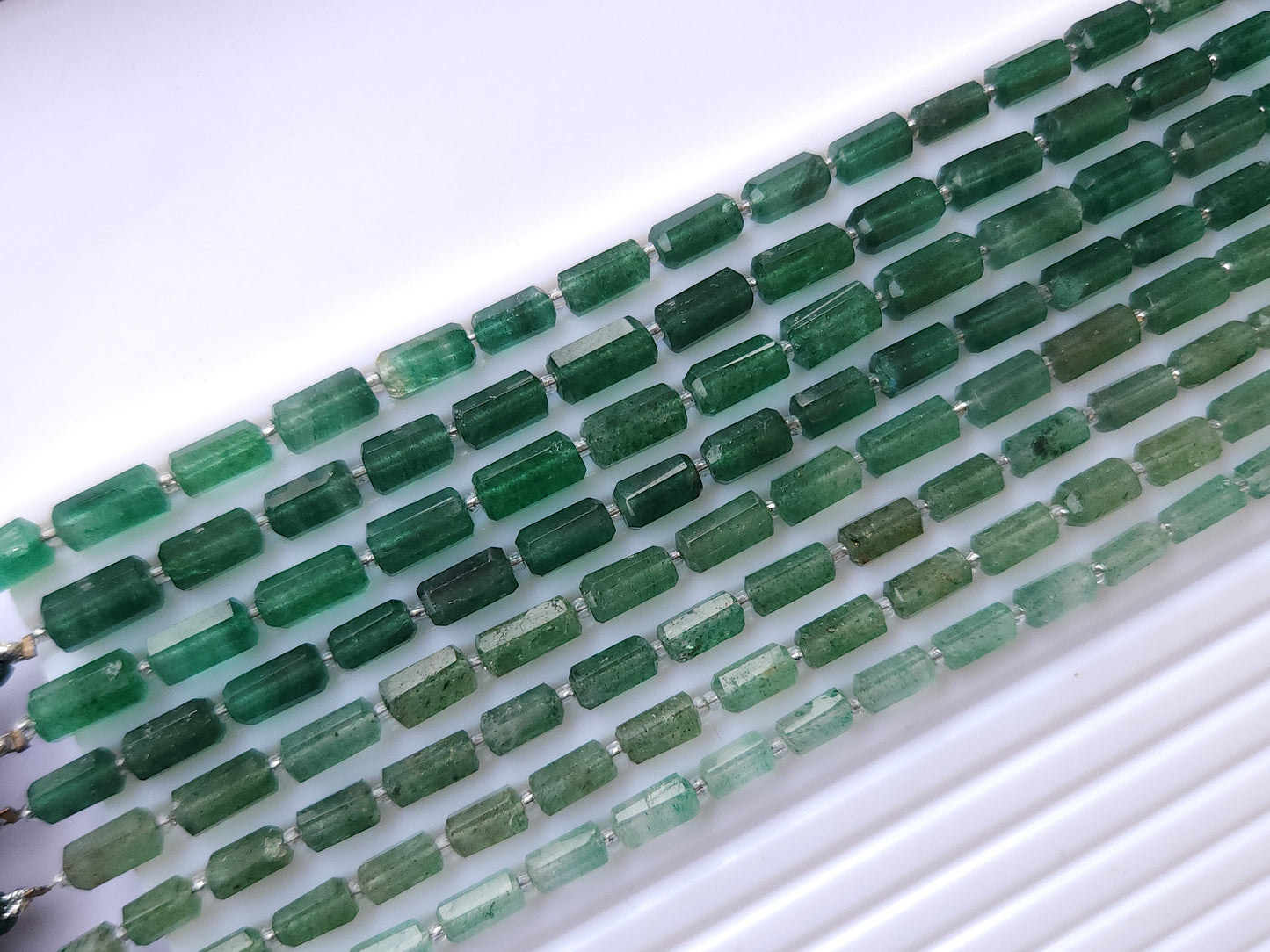 Natural Green Aventurine Faceted Cylindrical Shape Beads
