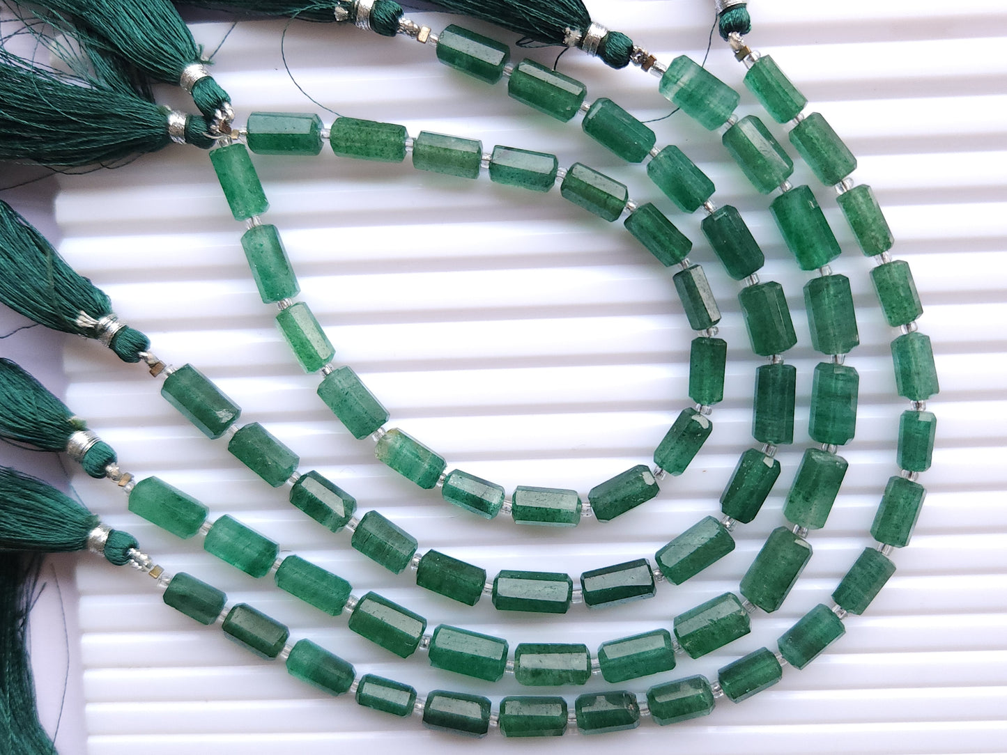 Natural Green Aventurine Faceted Cylindrical Shape Beads