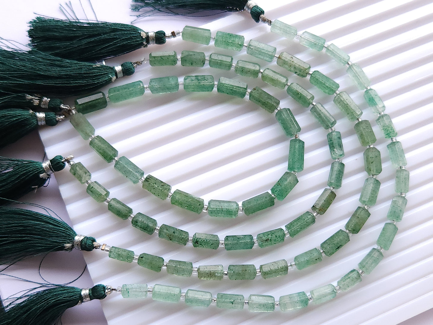 Natural Green Aventurine Faceted Cylindrical Shape Beads