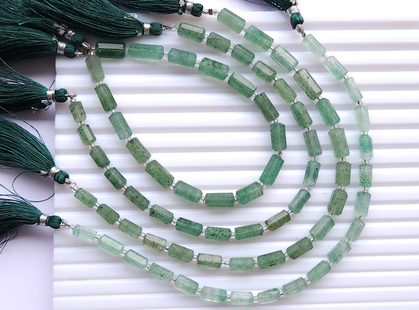 Natural Green Aventurine Faceted Cylindrical Shape Beads