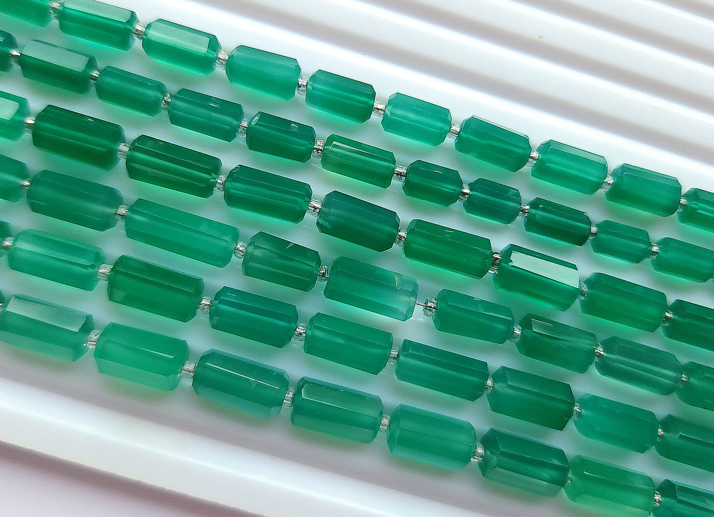 Natural Green Onyx Faceted Cylindrical Shape Beads