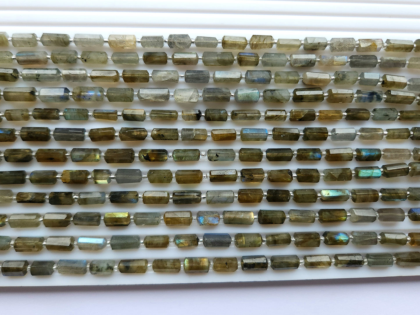 Natural Labradorite Faceted Cylindrical Shape Beads