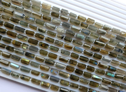 Natural Labradorite Faceted Cylindrical Shape Beads