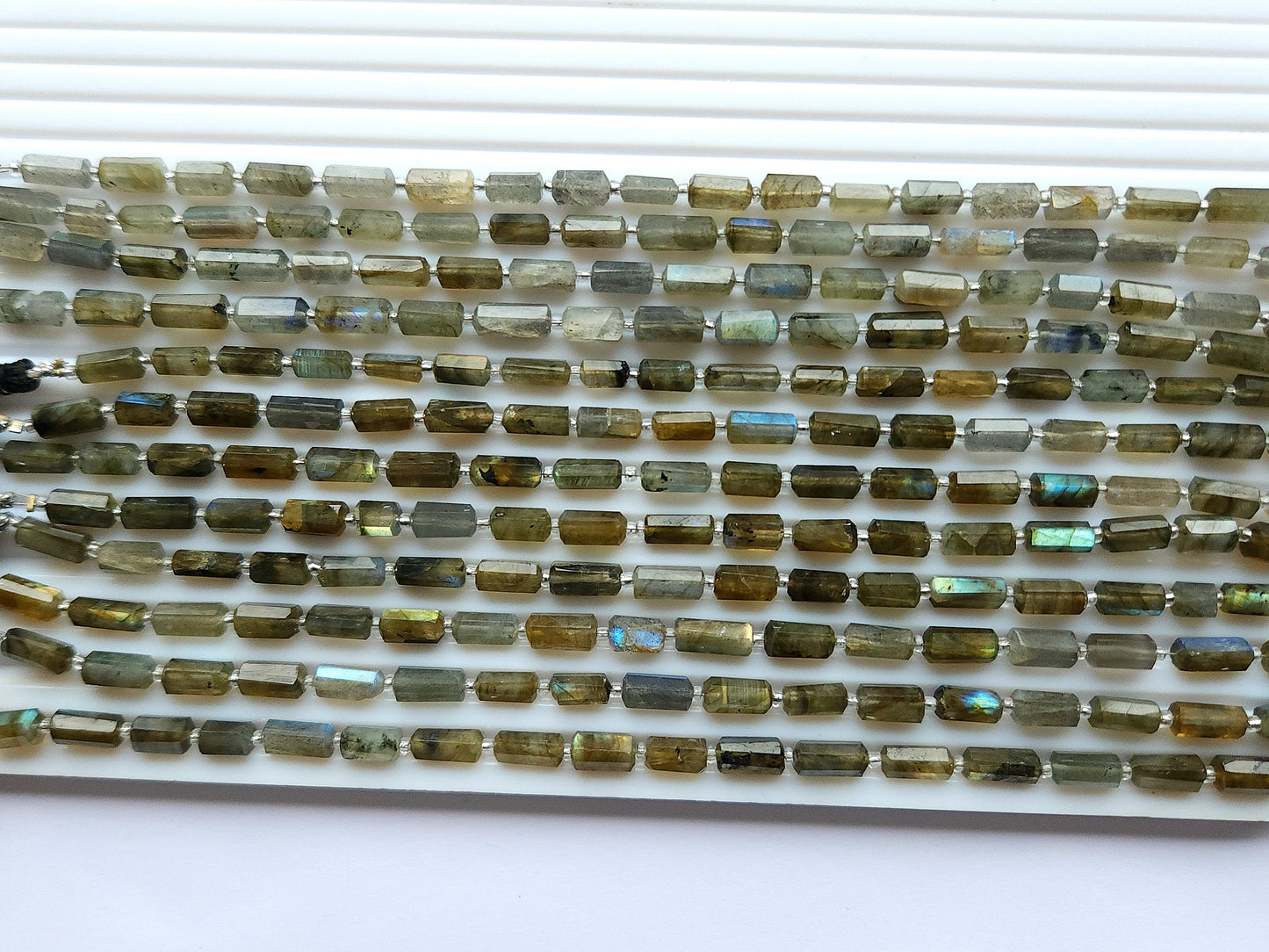 Natural Labradorite Faceted Cylindrical Shape Beads