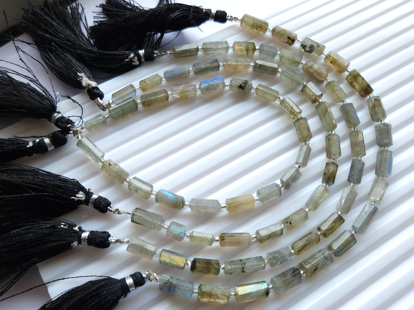 Natural Labradorite Faceted Cylindrical Shape Beads