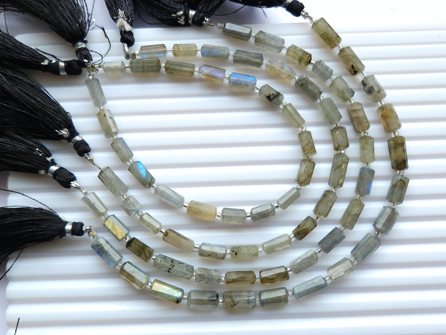Natural Labradorite Faceted Cylindrical Shape Beads