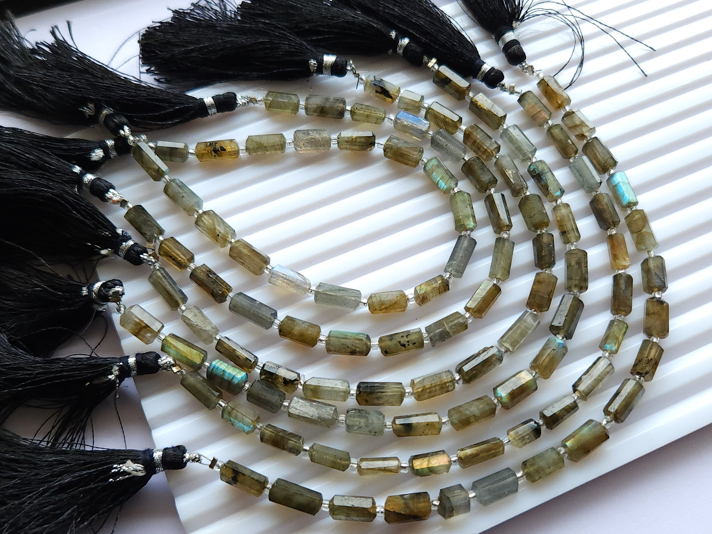 Natural Labradorite Faceted Cylindrical Shape Beads