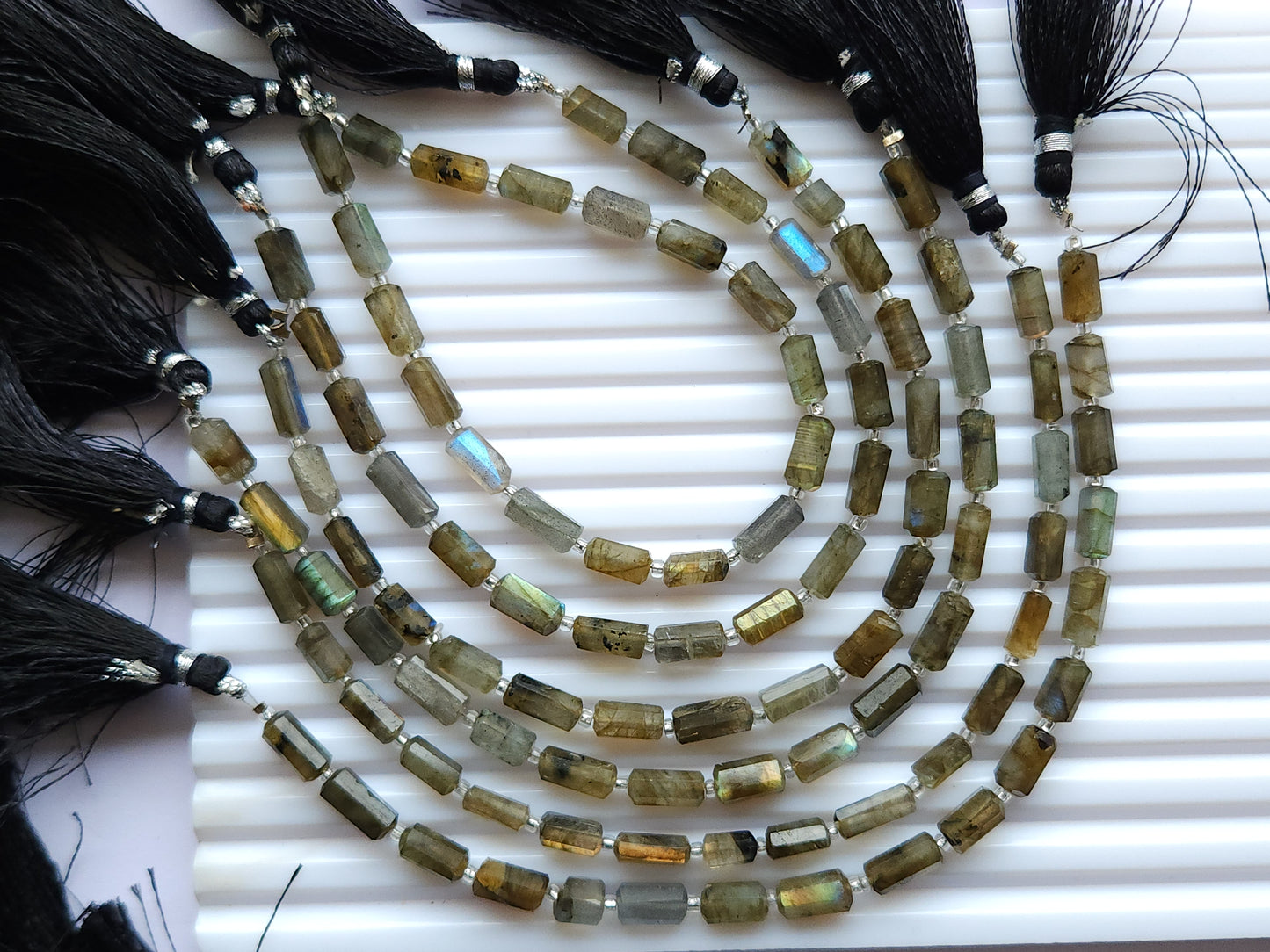 Natural Labradorite Faceted Cylindrical Shape Beads