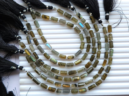 Natural Labradorite Faceted Cylindrical Shape Beads