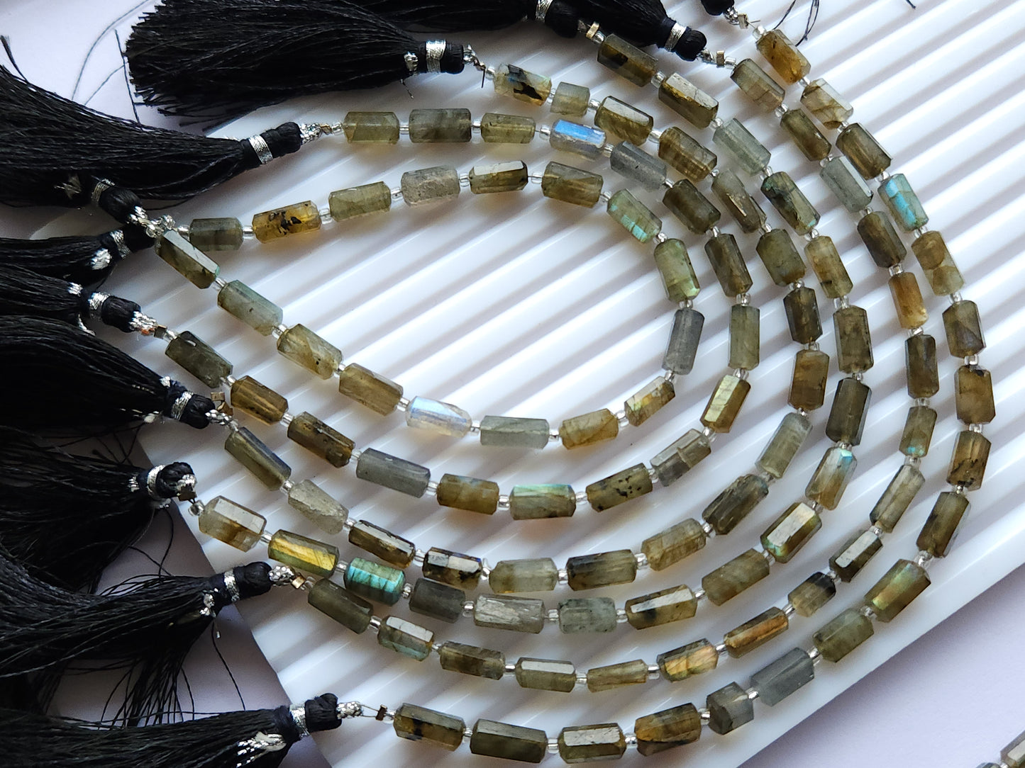 Natural Labradorite Faceted Cylindrical Shape Beads