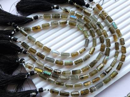 Natural Labradorite Faceted Cylindrical Shape Beads