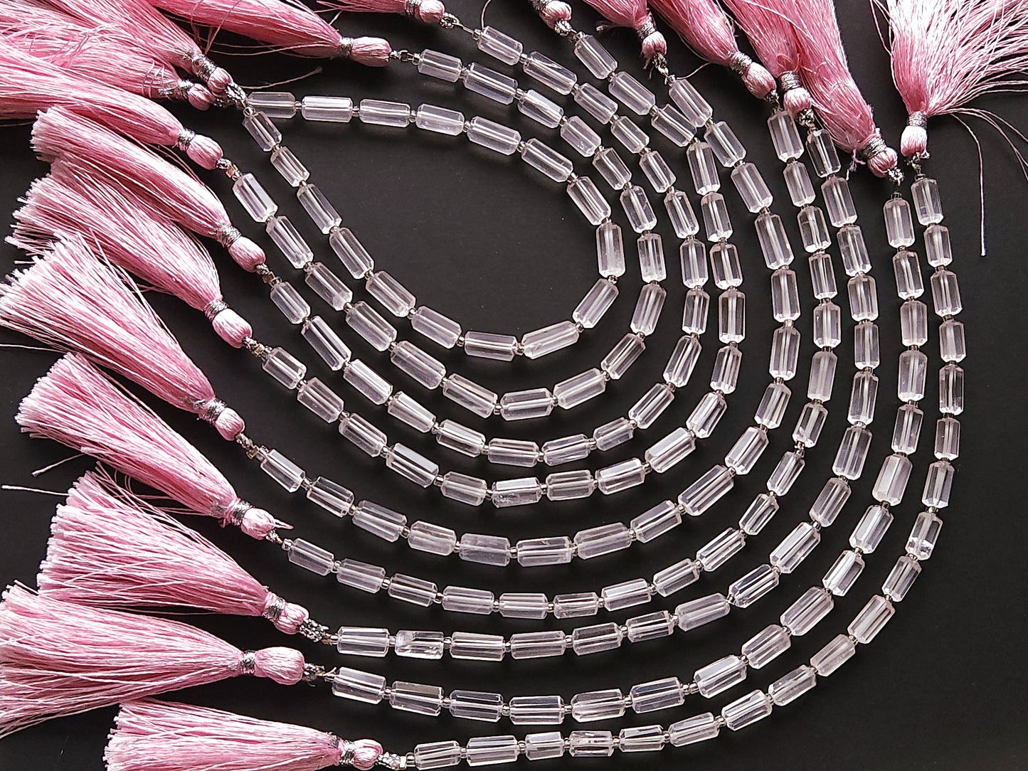 Natural Rose Quartz Faceted Cylindrical Shape Beads
