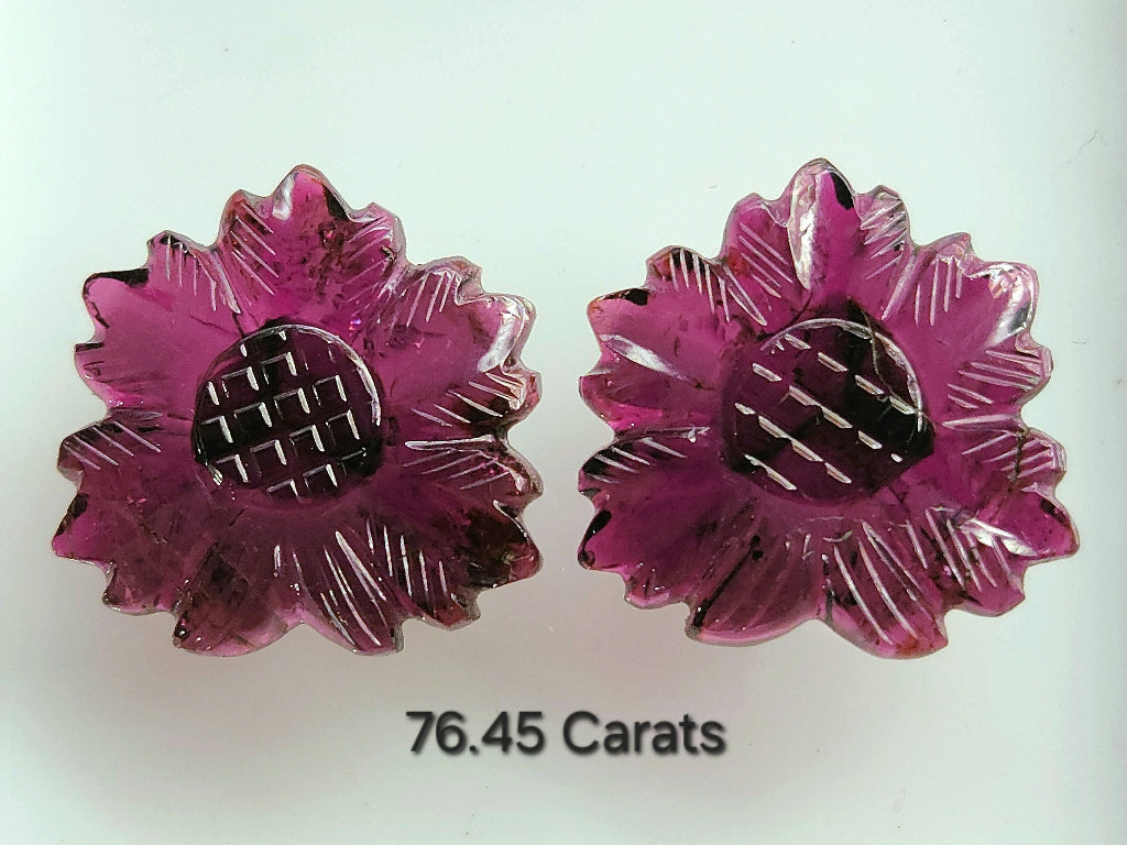Natural Rubellite Tourmaline Gemstone Flower Carving (Big Size) Matching Pair