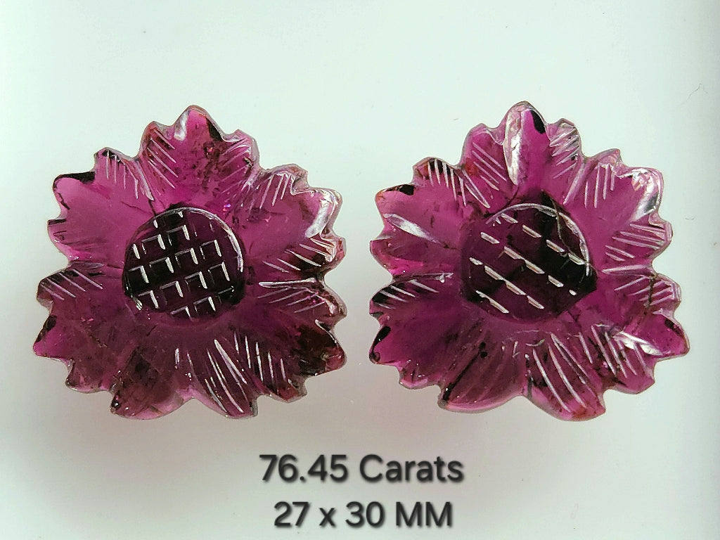 Natural Rubellite Tourmaline Gemstone Flower Carving (Big Size) Matching Pair
