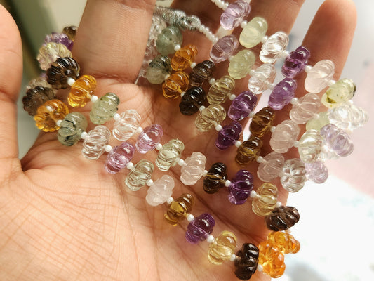 Mix Natural Gemstones Spiral Carved Melons Beads