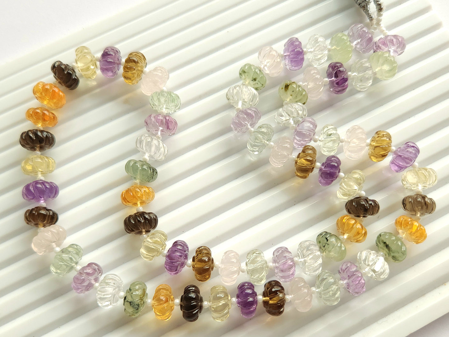 Mix Natural Gemstones Spiral Carved Melons Beads