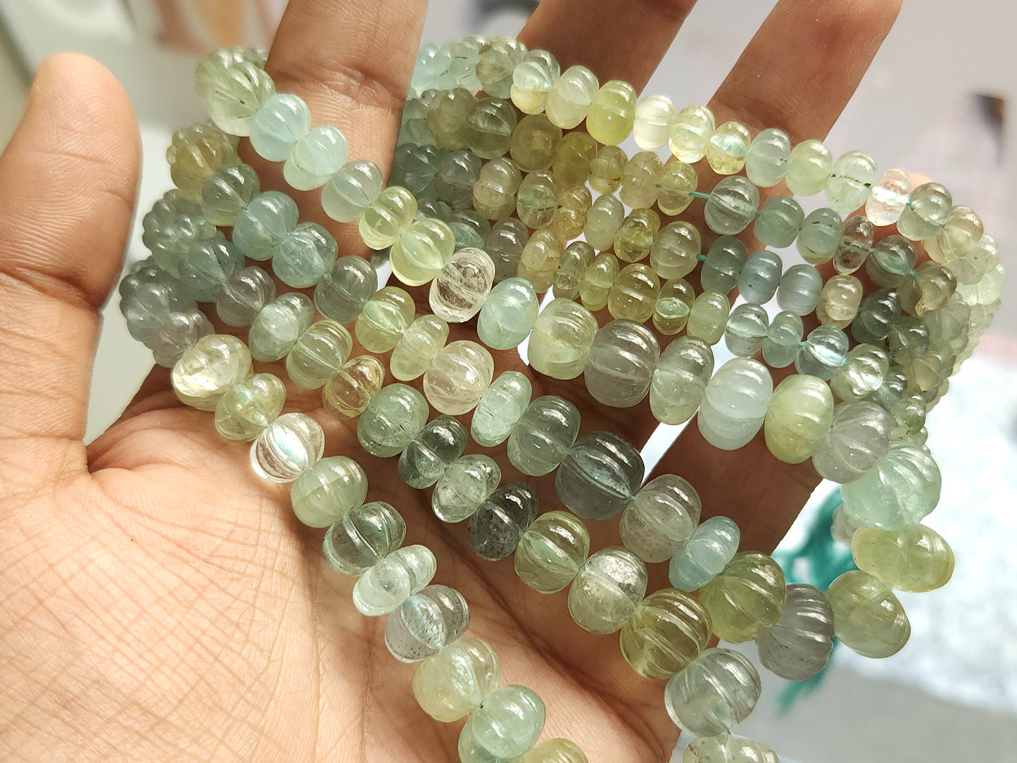 Natural Mix Aquamarine Gemstone Carved Melon Beads for Jewelry Making