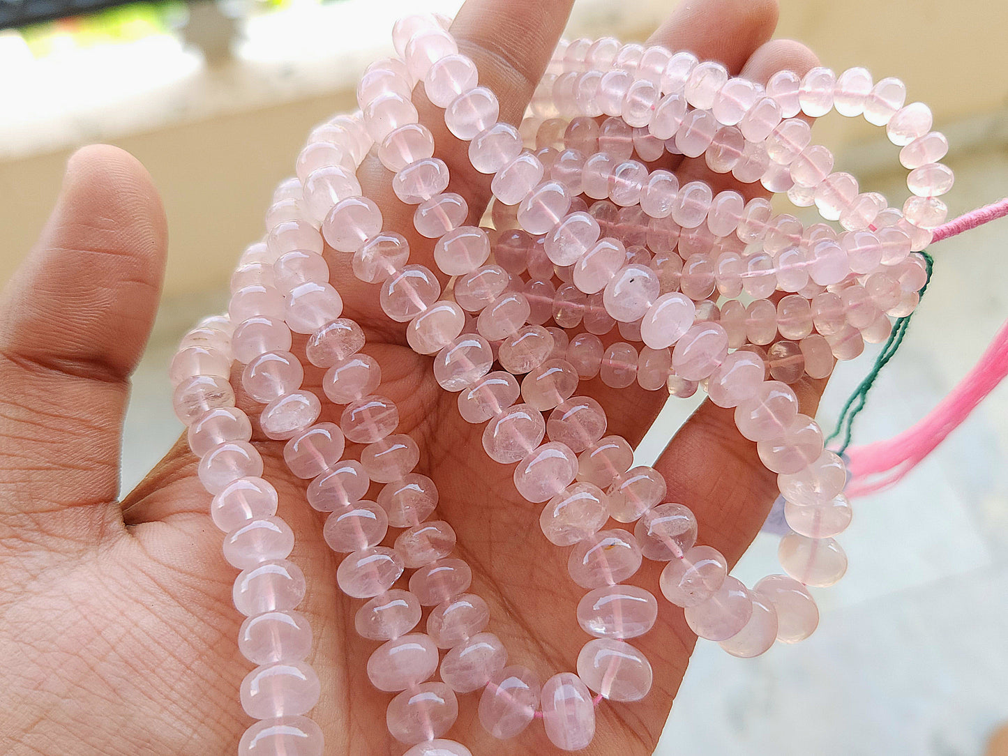 Natural Rose Quartz Smooth Rondelle Beads Strand