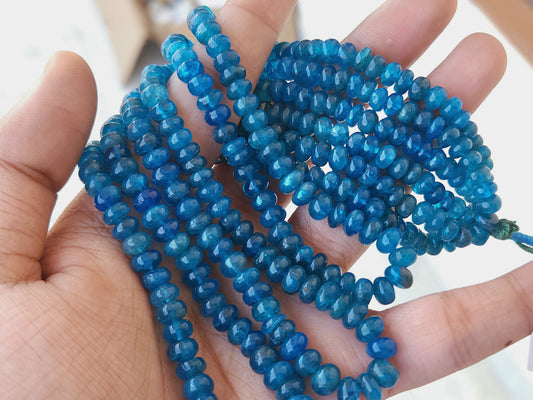 Natural Neon Blue Apatite Gemstone Smooth Rondelle Beads Strand