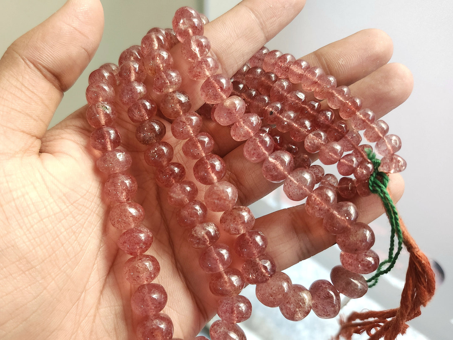 Natural Pink Strawberry Gemstone  Quartz Smooth Rondelle Beads Strand