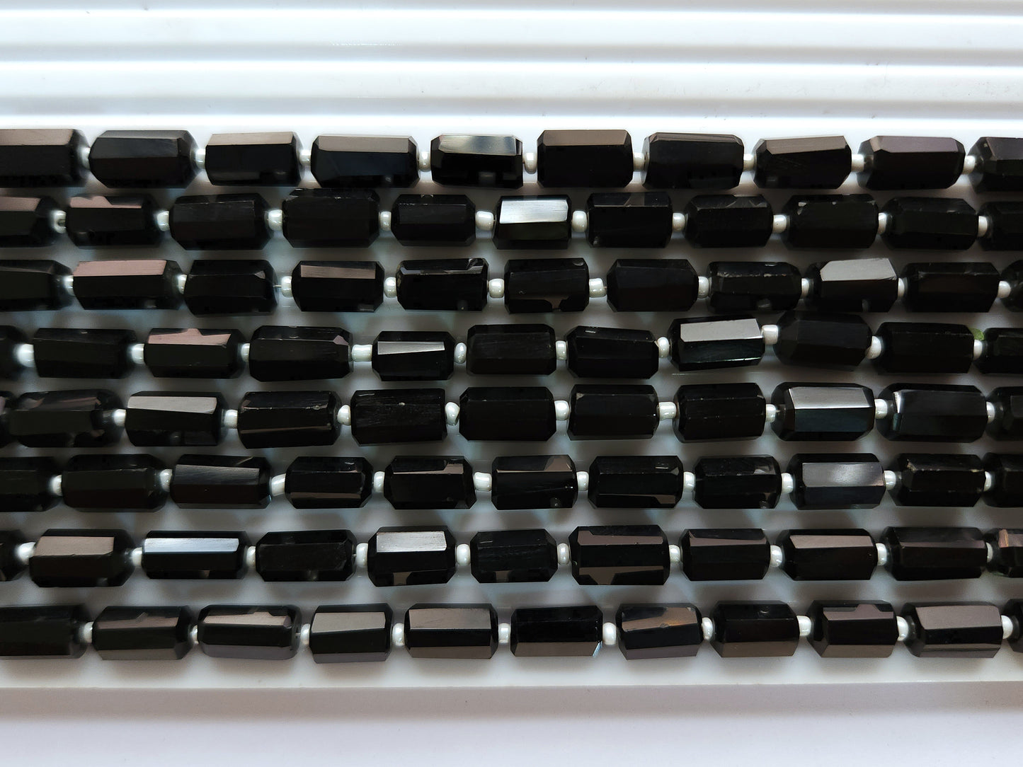 Natural Black Onyx Faceted Cylindrical Gemstone Beads