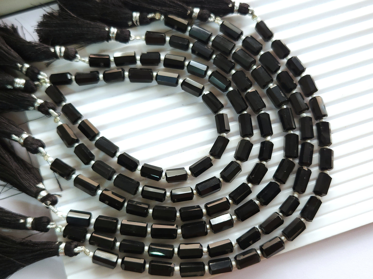 Natural Black Onyx Faceted Cylindrical Gemstone Beads