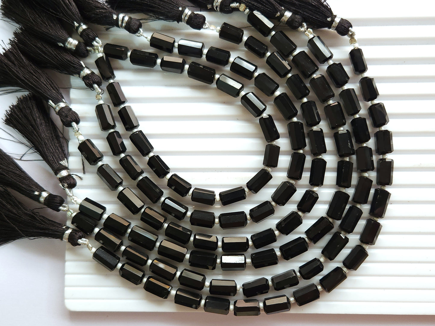 Natural Black Onyx Faceted Cylindrical Gemstone Beads