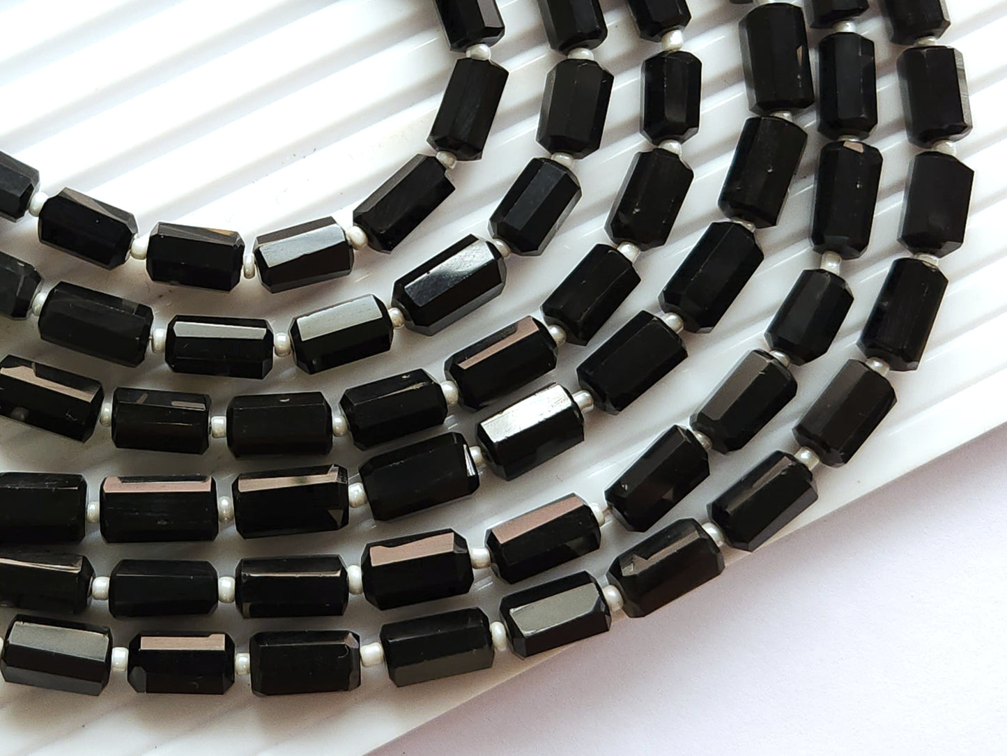 Natural Black Onyx Faceted Cylindrical Gemstone Beads
