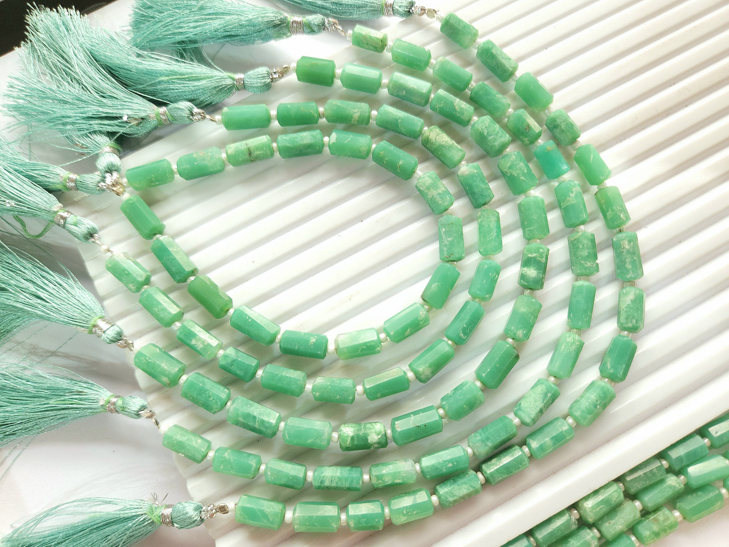 Natural Chrysoprase Faceted Cylindrical Gemstone Beads