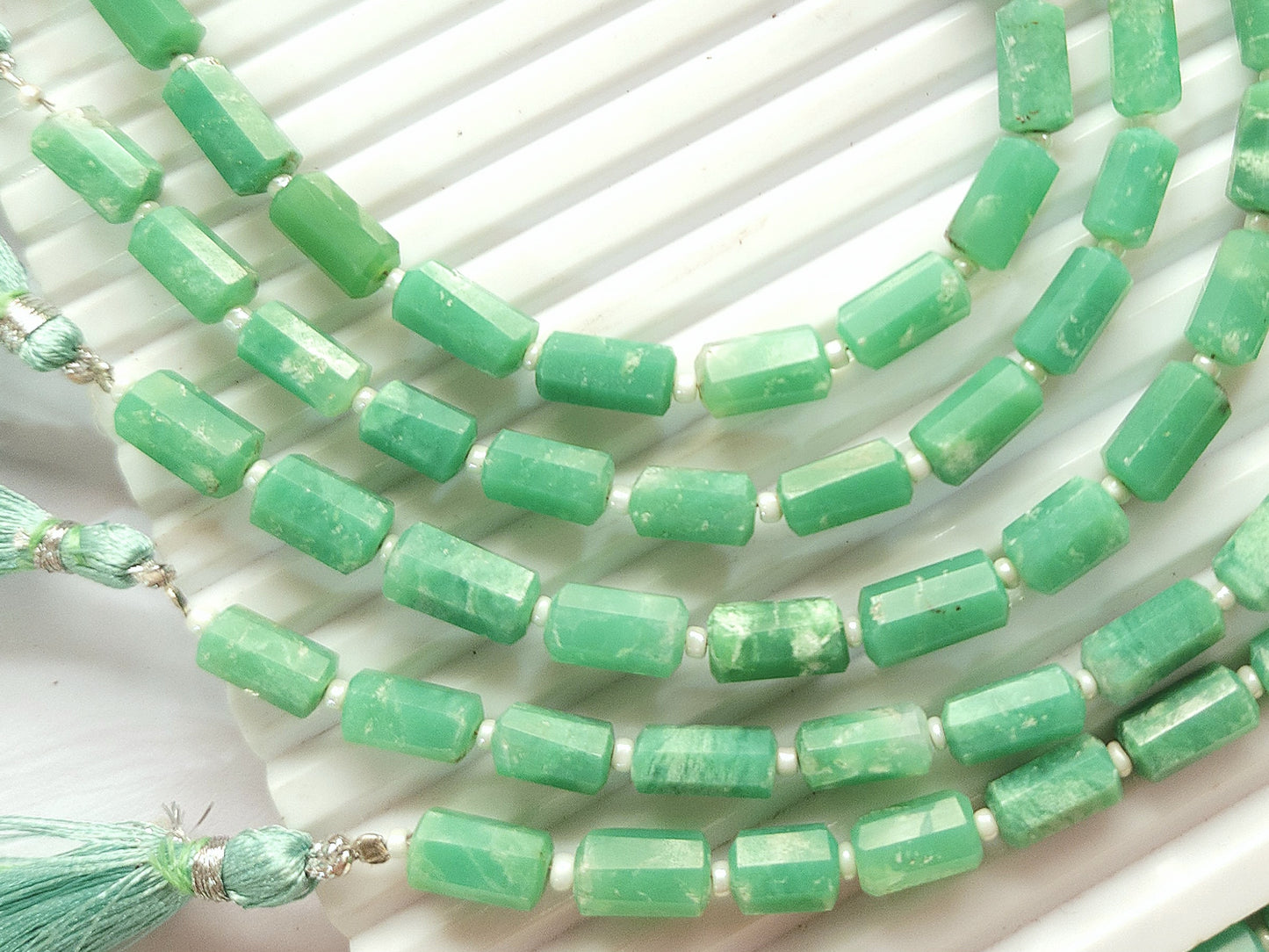 Natural Chrysoprase Faceted Cylindrical Gemstone Beads