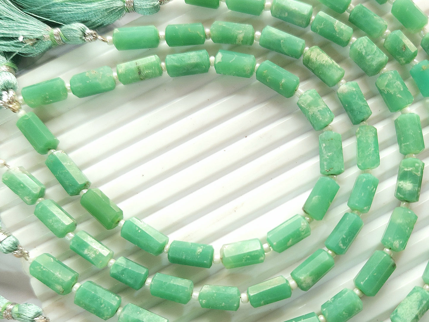 Natural Chrysoprase Faceted Cylindrical Gemstone Beads