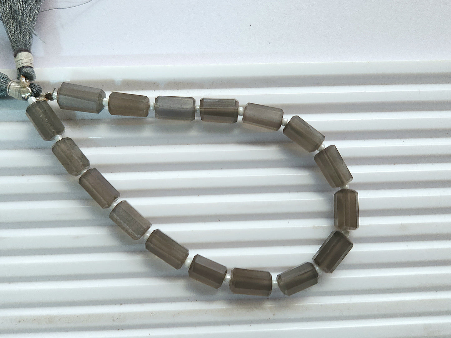 Natural Grey Moonstone Faceted Cylindrical Gemstone Beads