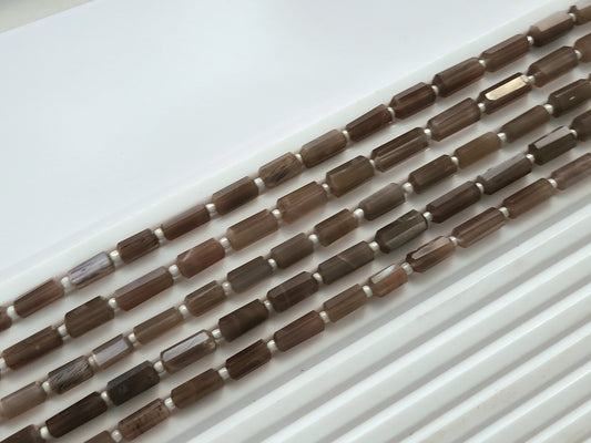 Natural Chocolate Moonstone Faceted Cylindrical Gemstone Beads