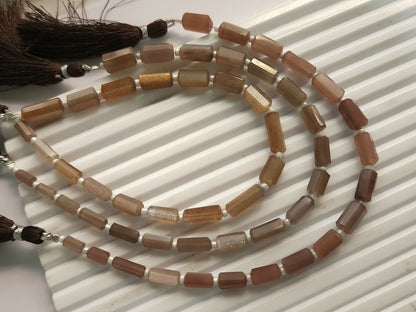 Natural Chocolate Moonstone Faceted Cylindrical Gemstone Beads