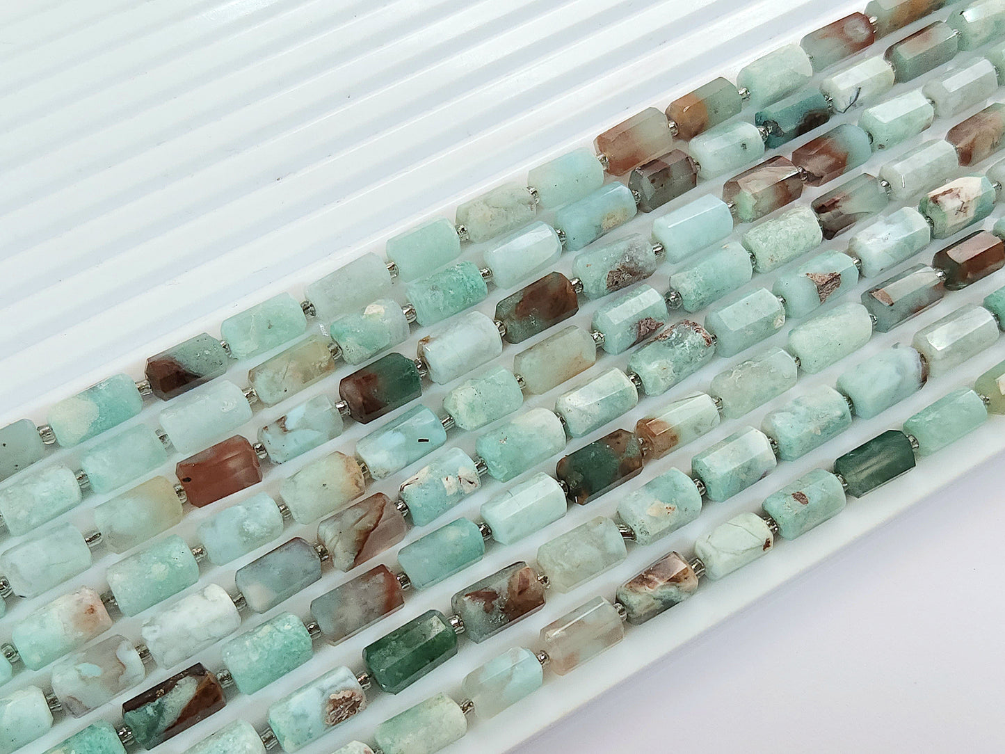 Natural Aquaplase Faceted Cylindrical Gemstone Beads