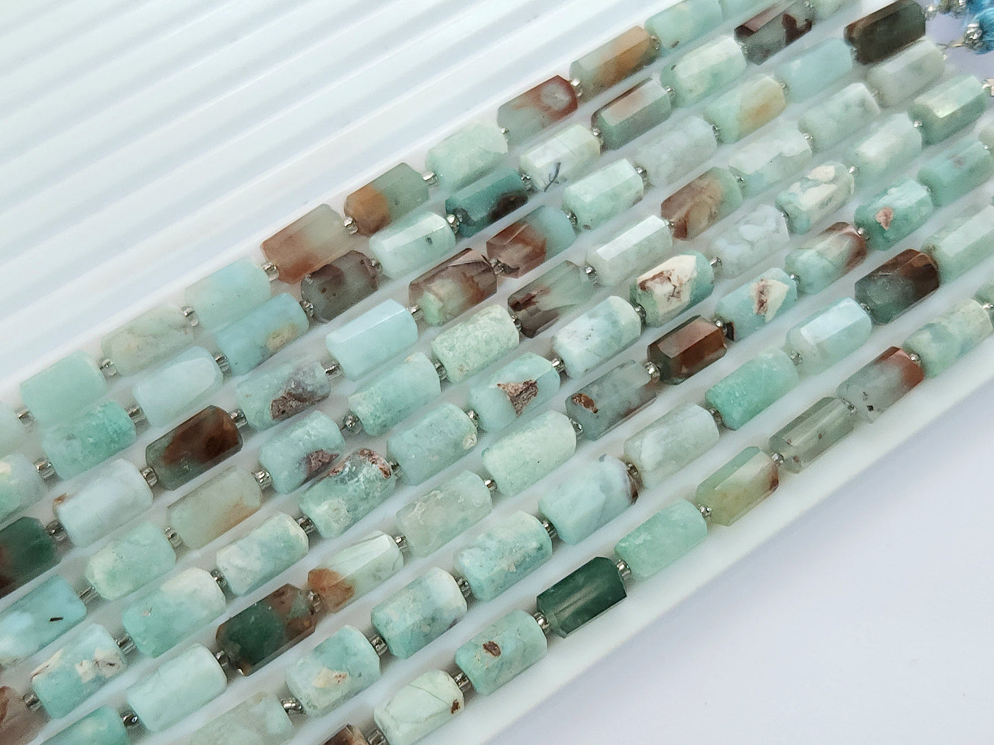 Natural Aquaplase Faceted Cylindrical Gemstone Beads