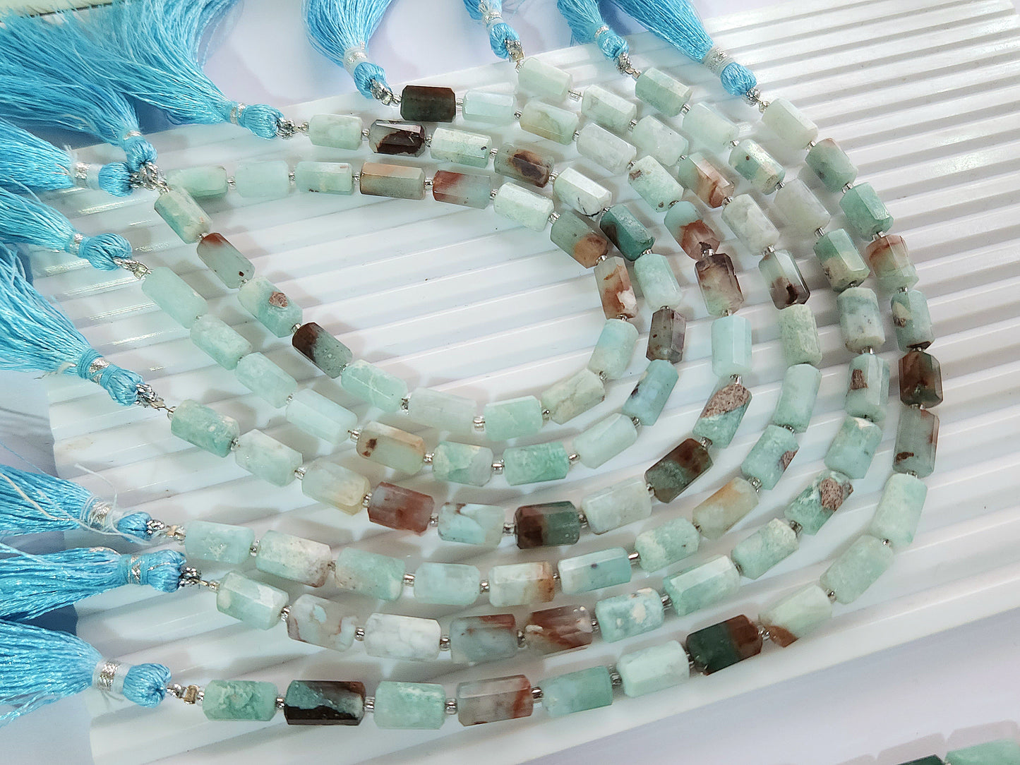 Natural Aquaplase Faceted Cylindrical Gemstone Beads