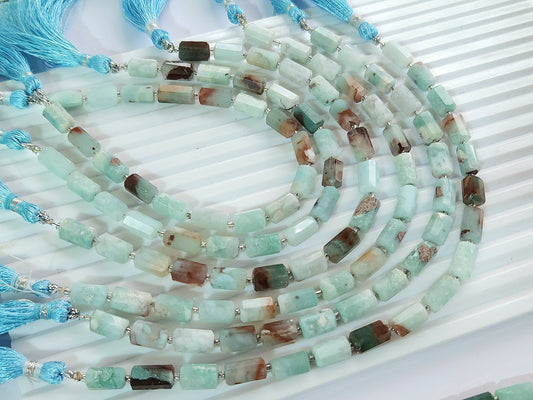Natural Aquaplase Faceted Cylindrical Gemstone Beads