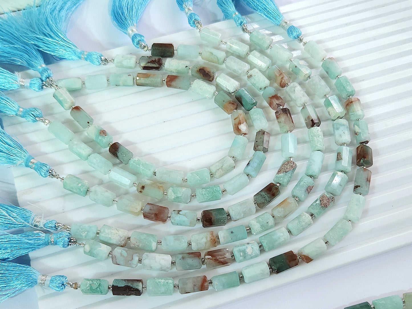 Natural Aquaplase Faceted Cylindrical Gemstone Beads