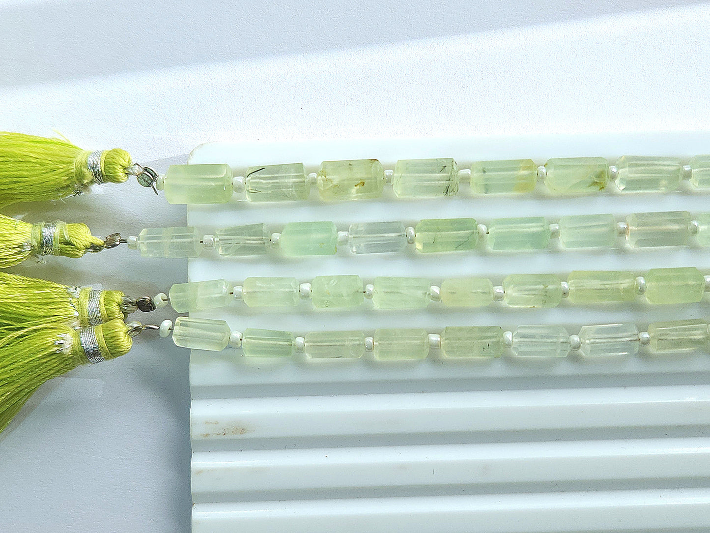 Natural Prehnite Faceted Cylindrical Gemstone Beads