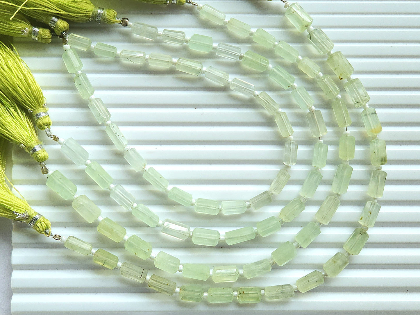 Natural Prehnite Faceted Cylindrical Gemstone Beads