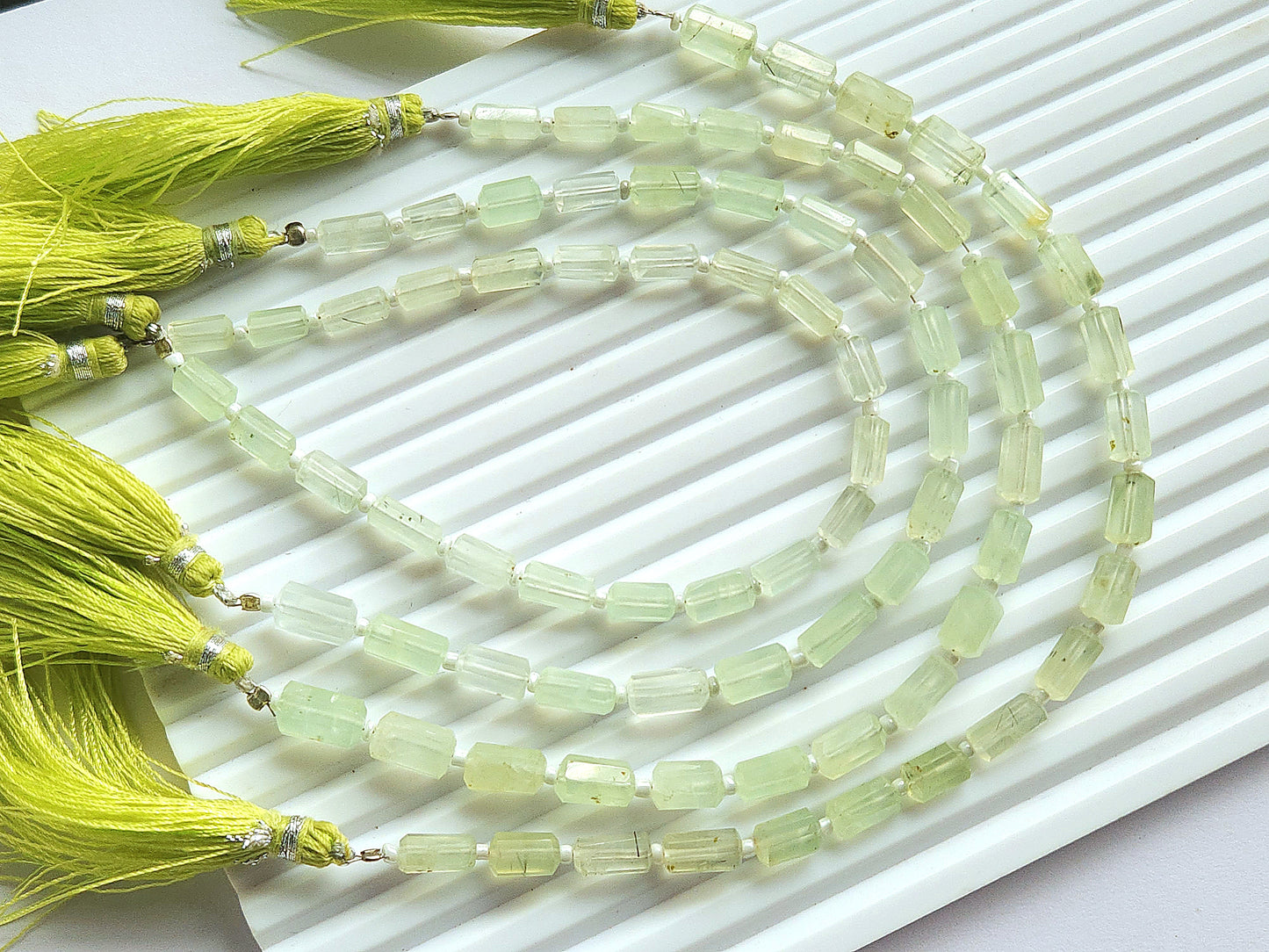 Natural Prehnite Faceted Cylindrical Gemstone Beads