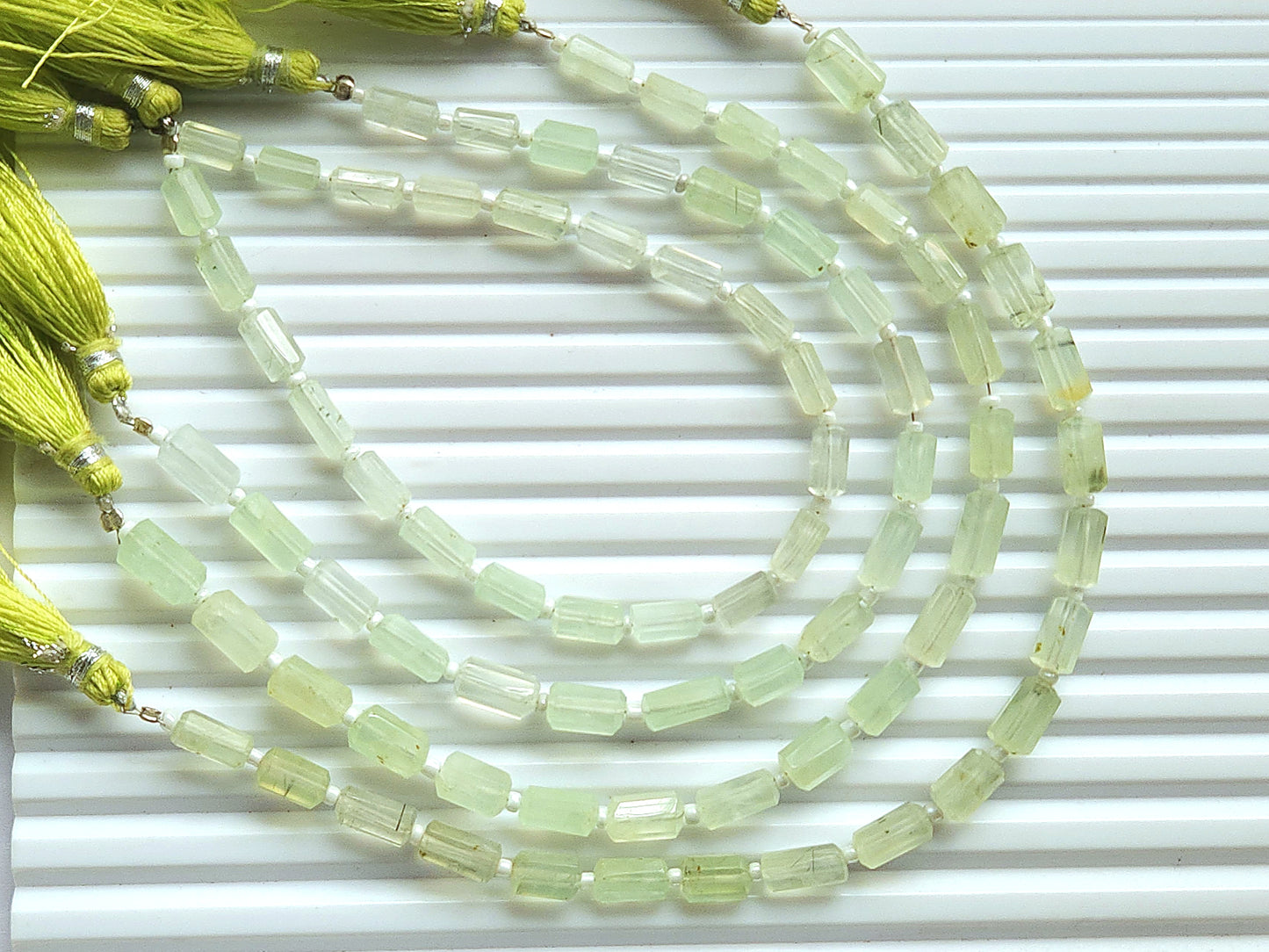 Natural Prehnite Faceted Cylindrical Gemstone Beads
